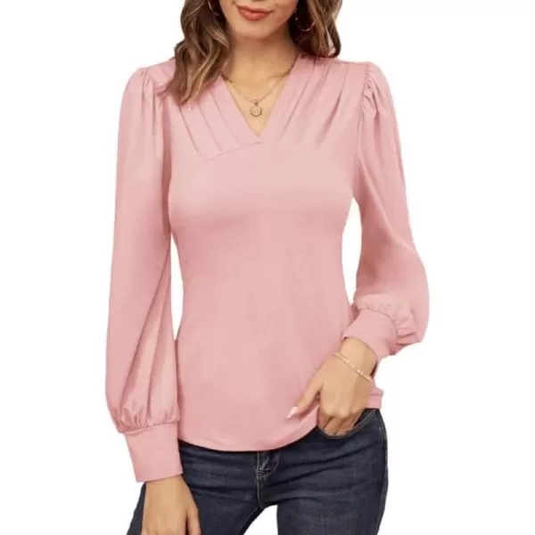 GRACE KARIN Womens Long Sleeve Shirts VNeck Ruch Slim Fit BlousesPink