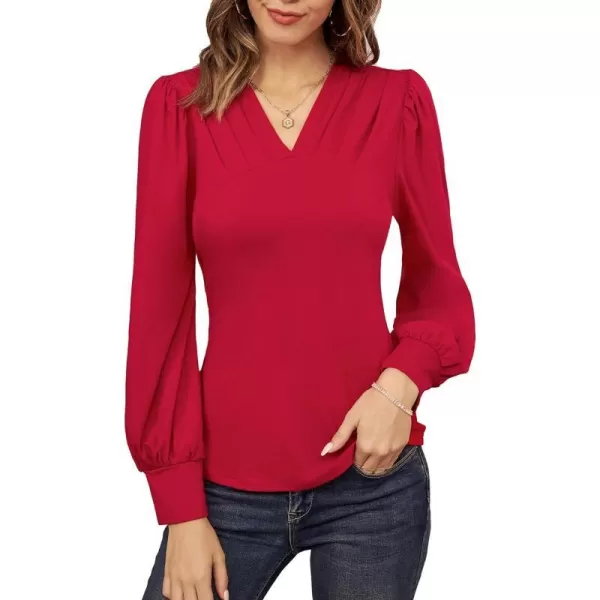 GRACE KARIN Womens Long Sleeve Shirts VNeck Ruch Slim Fit BlousesRed