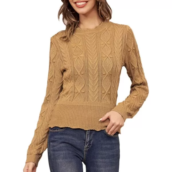 GRACE KARIN Womens Long Sleeve Sweater Cable Crew Neck Chunky KnitwearCamel