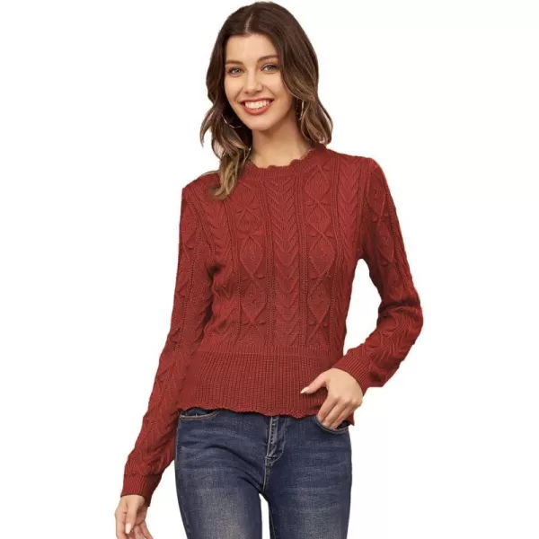 GRACE KARIN Womens Long Sleeve Sweater Cable Crew Neck Chunky KnitwearRust Red