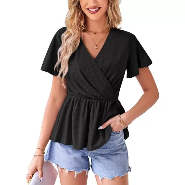 GRACE KARIN Womens Long Sleeve Tops V Neck Eyelet Top Peplum Blouse Casual Fall Wrap TopBlack