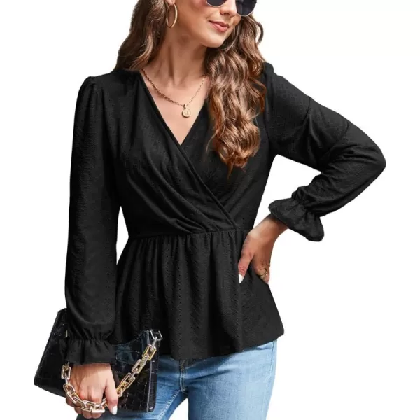 GRACE KARIN Womens Long Sleeve Tops V Neck Eyelet Top Peplum Blouse Casual Fall Wrap TopBlacklong Sleeve