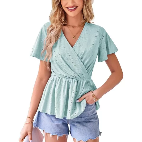 GRACE KARIN Womens Long Sleeve Tops V Neck Eyelet Top Peplum Blouse Casual Fall Wrap TopBlue