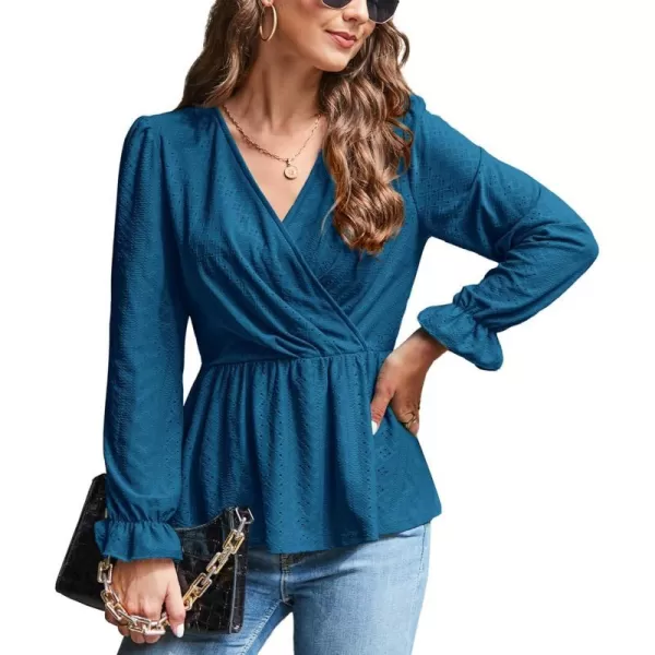 GRACE KARIN Womens Long Sleeve Tops V Neck Eyelet Top Peplum Blouse Casual Fall Wrap TopDark Blue Greenlong Sleeve