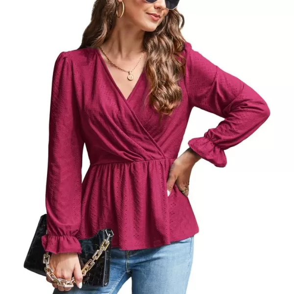 GRACE KARIN Womens Long Sleeve Tops V Neck Eyelet Top Peplum Blouse Casual Fall Wrap TopDark Redlong Sleeve