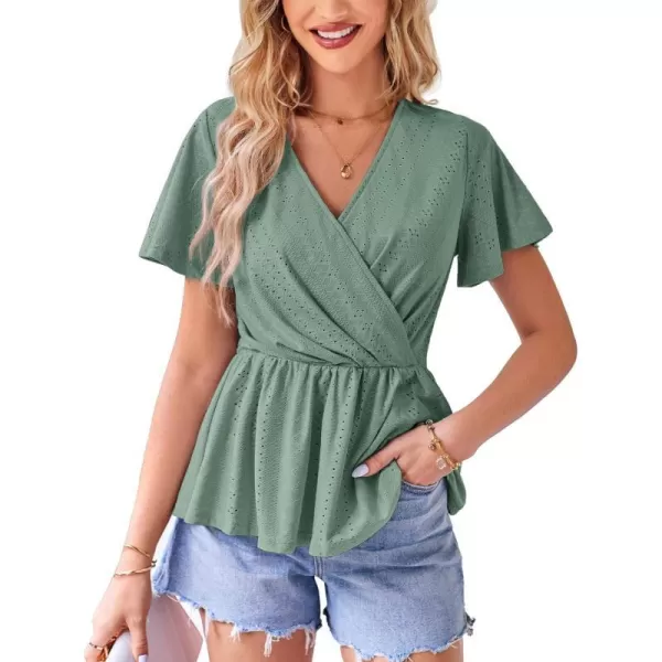 GRACE KARIN Womens Long Sleeve Tops V Neck Eyelet Top Peplum Blouse Casual Fall Wrap TopGreen