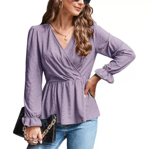 GRACE KARIN Womens Long Sleeve Tops V Neck Eyelet Top Peplum Blouse Casual Fall Wrap TopPurplelong Sleeve