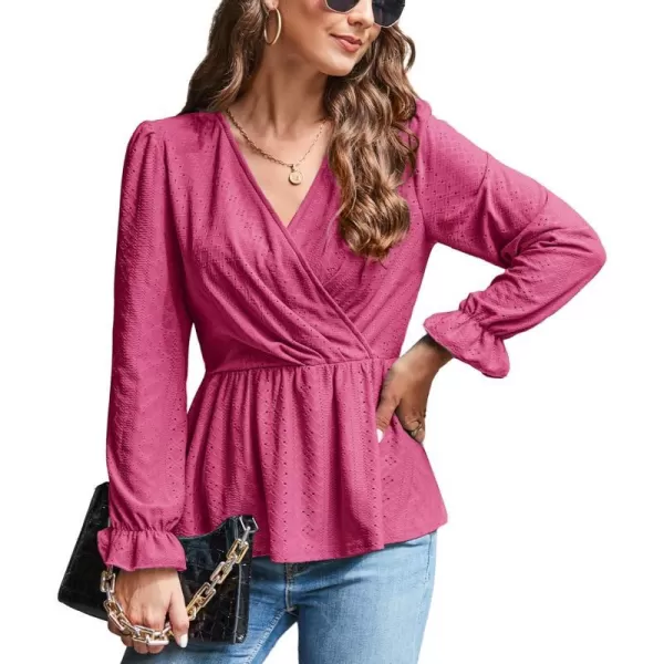 GRACE KARIN Womens Long Sleeve Tops V Neck Eyelet Top Peplum Blouse Casual Fall Wrap TopRose Redlong Sleeve