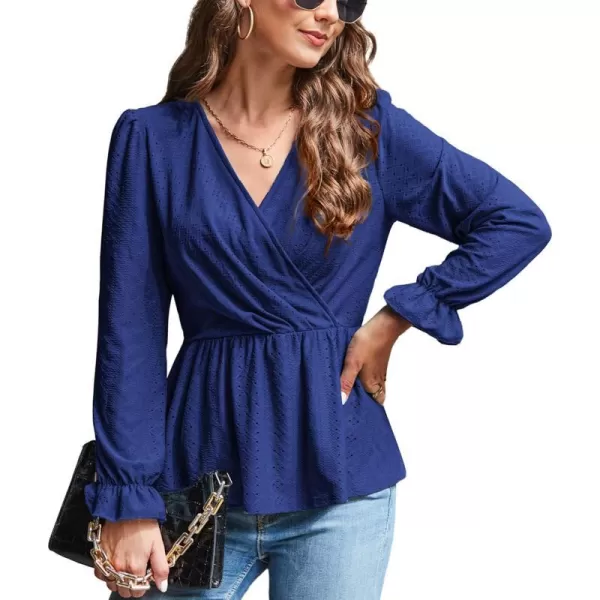 GRACE KARIN Womens Long Sleeve Tops V Neck Eyelet Top Peplum Blouse Casual Fall Wrap TopRoyal Bluelong Sleeve