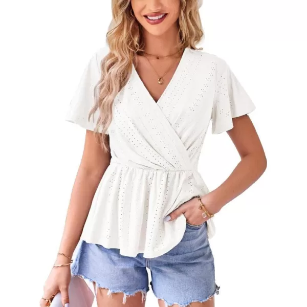 GRACE KARIN Womens Long Sleeve Tops V Neck Eyelet Top Peplum Blouse Casual Fall Wrap TopWhite