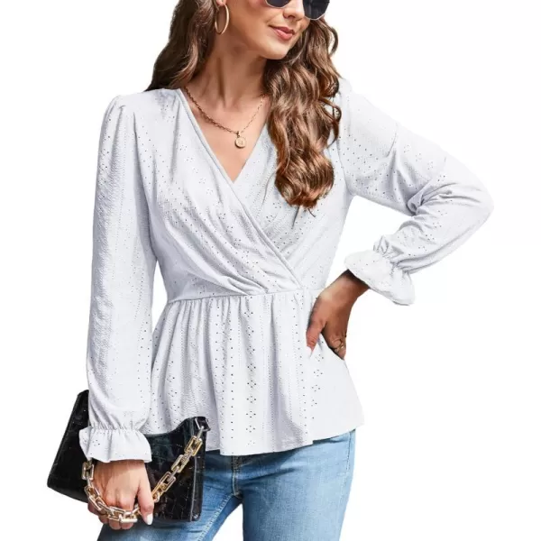 GRACE KARIN Womens Long Sleeve Tops V Neck Eyelet Top Peplum Blouse Casual Fall Wrap TopWhitelong Sleeve