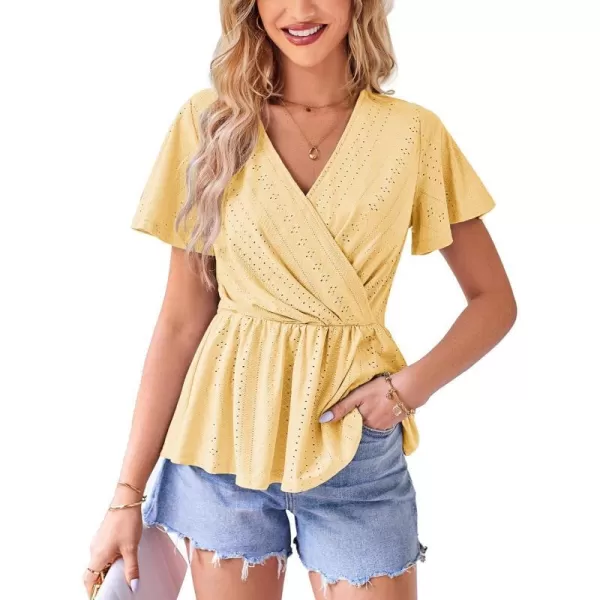 GRACE KARIN Womens Long Sleeve Tops V Neck Eyelet Top Peplum Blouse Casual Fall Wrap TopYellow