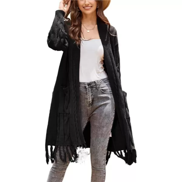 GRACE KARIN Womens Long Sleeve Twist Cardigan Fringed Hem Midi Autumn SweaterBlack