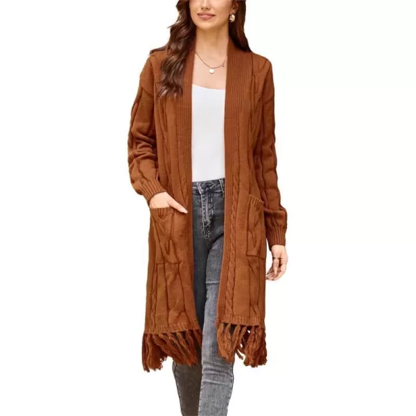 GRACE KARIN Womens Long Sleeve Twist Cardigan Fringed Hem Midi Autumn SweaterBrown