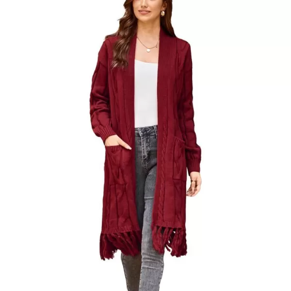 GRACE KARIN Womens Long Sleeve Twist Cardigan Fringed Hem Midi Autumn SweaterWine