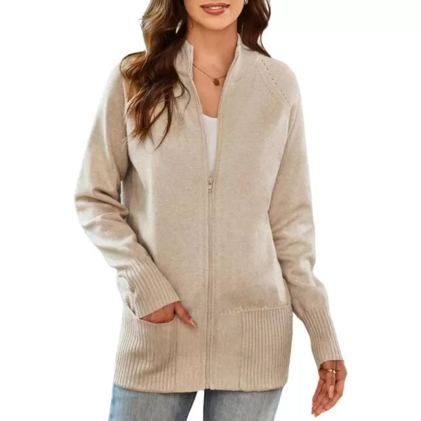 GRACE KARIN Womens Long Sleeve Zip Up Knit Cardigan with Pockets Stand Collar Full Zip Sweater Coat LightweightApricot