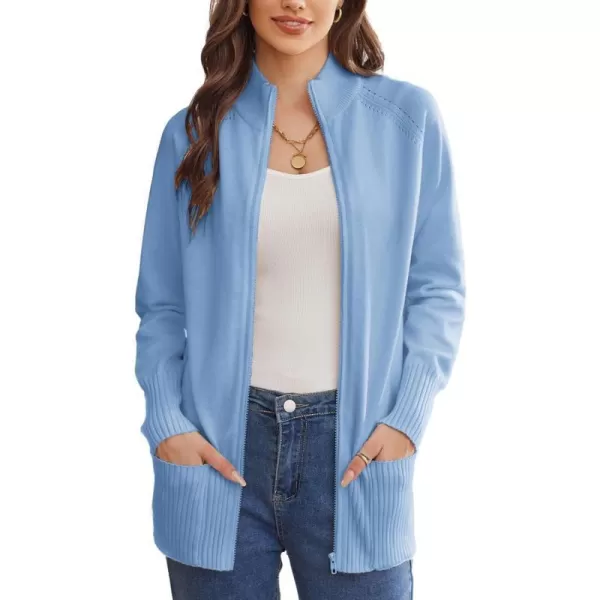 GRACE KARIN Womens Long Sleeve Zip Up Knit Cardigan with Pockets Stand Collar Full Zip Sweater Coat LightweightBlue