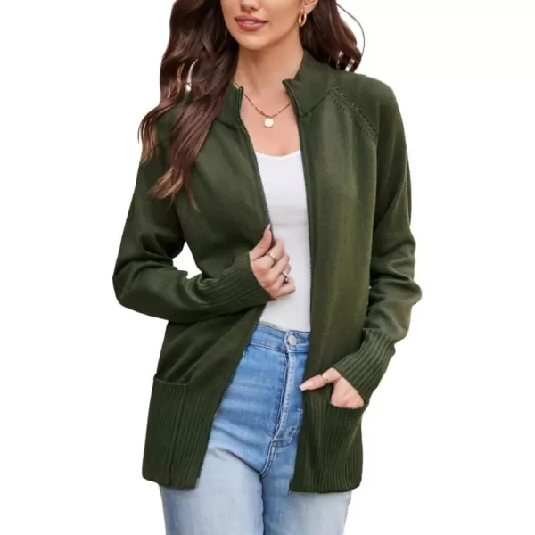 GRACE KARIN Womens Long Sleeve Zip Up Knit Cardigan with Pockets Stand Collar Full Zip Sweater Coat LightweightDark Army Green