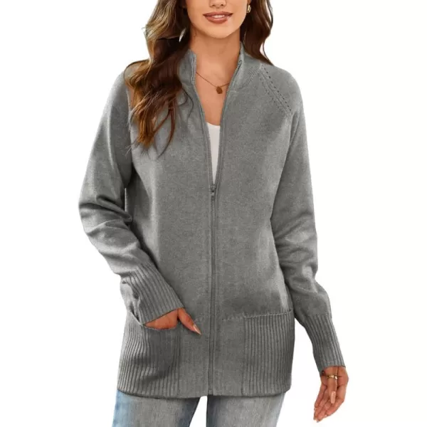 GRACE KARIN Womens Long Sleeve Zip Up Knit Cardigan with Pockets Stand Collar Full Zip Sweater Coat LightweightDark Heather Gray