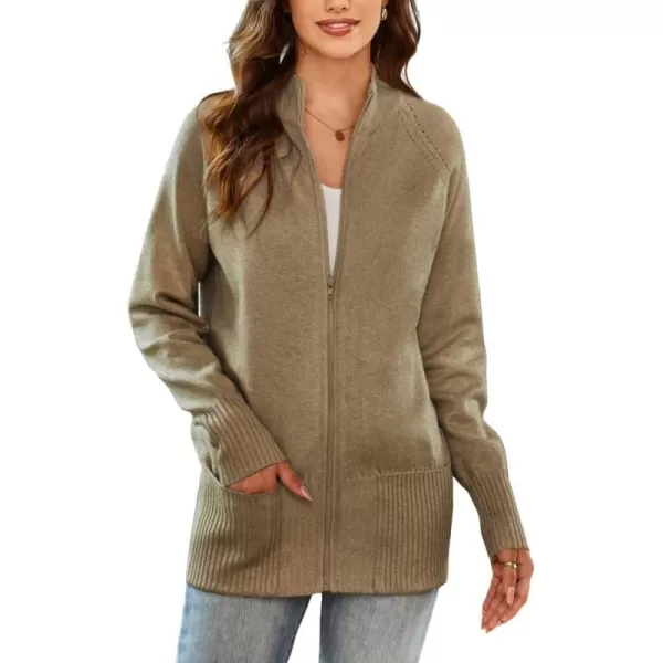 GRACE KARIN Womens Long Sleeve Zip Up Knit Cardigan with Pockets Stand Collar Full Zip Sweater Coat LightweightDark Heather Khaki