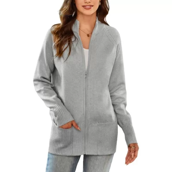 GRACE KARIN Womens Long Sleeve Zip Up Knit Cardigan with Pockets Stand Collar Full Zip Sweater Coat LightweightLight Heather Gray