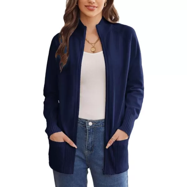 GRACE KARIN Womens Long Sleeve Zip Up Knit Cardigan with Pockets Stand Collar Full Zip Sweater Coat LightweightNavy Blue