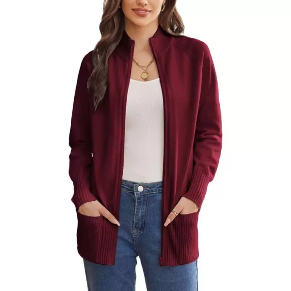 GRACE KARIN Womens Long Sleeve Zip Up Knit Cardigan with Pockets Stand Collar Full Zip Sweater Coat LightweightWine Red