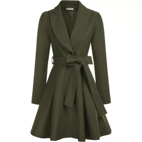 GRACE KARIN Womens Notch Lapel Long Puff Sleeve a Line Pea Coat with Self Tie BeltArmy Green Belt