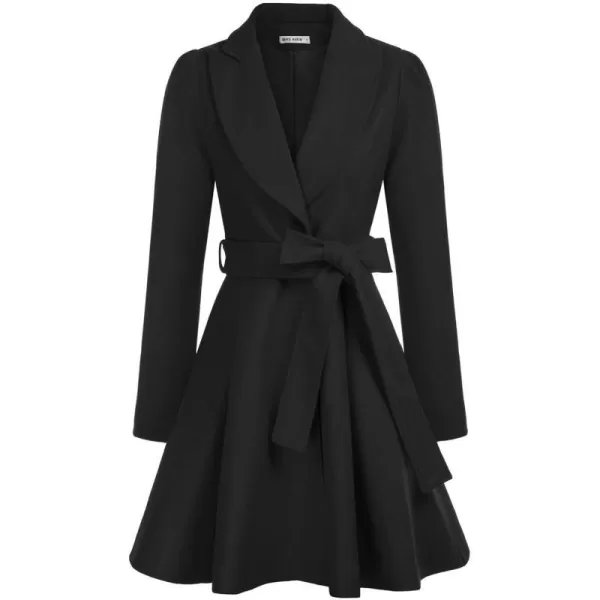 GRACE KARIN Womens Notch Lapel Long Puff Sleeve a Line Pea Coat with Self Tie BeltBlack Belt