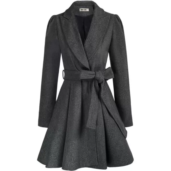 GRACE KARIN Womens Notch Lapel Long Puff Sleeve a Line Pea Coat with Self Tie BeltDark Grey