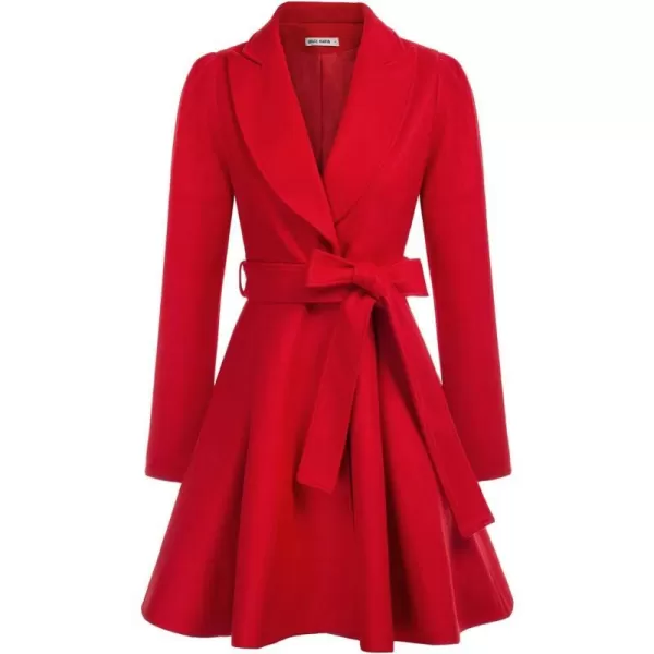 GRACE KARIN Womens Notch Lapel Long Puff Sleeve a Line Pea Coat with Self Tie BeltRed Belt