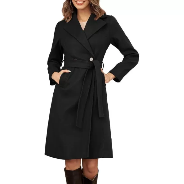 GRACE KARIN Womens Notched Lapel Double Breasted Pea Coat MidLong Wool Blend Over Coats with BeltBlack