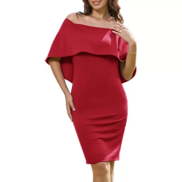 GRACE KARIN Womens Off Shoulder Batwing Cape Slim Midi DressRed1