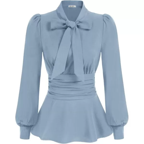 GRACE KARIN Womens Office Bow Tie Blouse Puff Sleeve Peplum Dressy Shirt Smocked WaistBlue