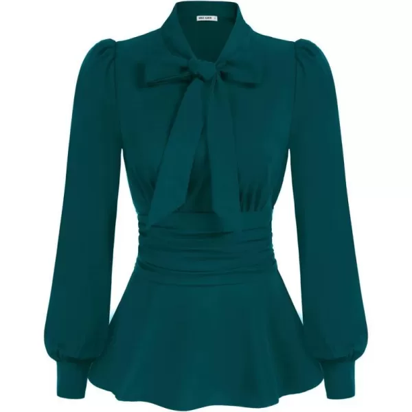 GRACE KARIN Womens Office Bow Tie Blouse Puff Sleeve Peplum Dressy Shirt Smocked WaistBluegreen