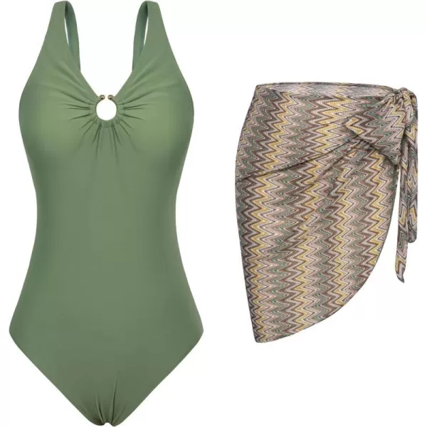 GRACE KARIN Womens One Piece Swimsuit with Cover Up Sarong V Neck Open Back Ruched Ring SwimwearGreen