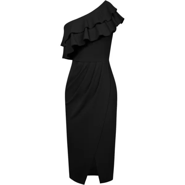 GRACE KARIN Womens One Shoulder Cocktail Dress Sleeveless Sexy Ruched Bodycon Layered Ruffle Slit Party Midi DressesBlack