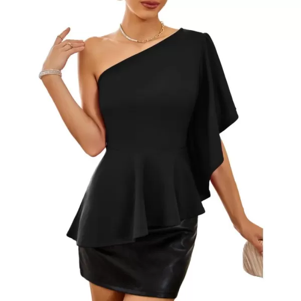 GRACE KARIN Womens One Shoulder Tops Ruffle Sleeve Elegant Party Asymmetrical Hem Peplum Top Blouse ShirtBlack