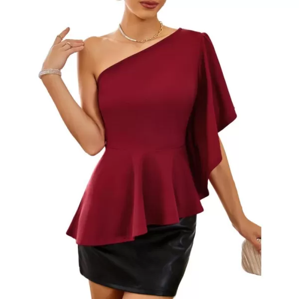 GRACE KARIN Womens One Shoulder Tops Ruffle Sleeve Elegant Party Asymmetrical Hem Peplum Top Blouse ShirtDark Red