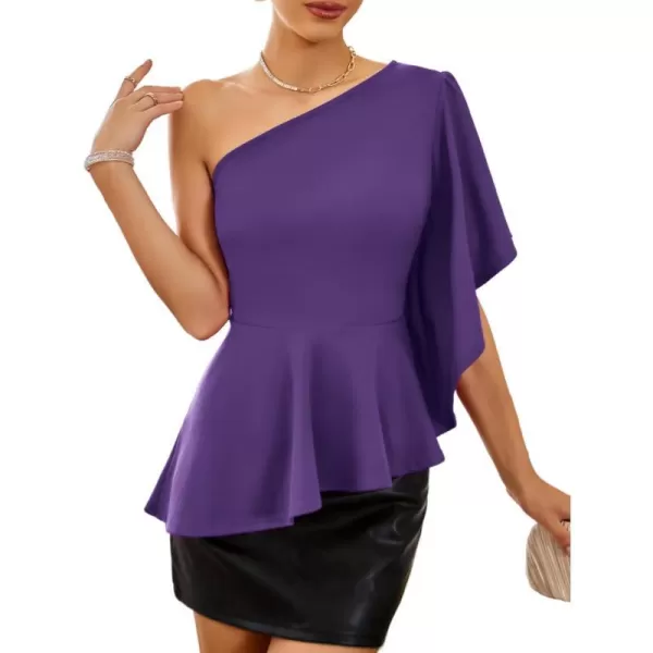 GRACE KARIN Womens One Shoulder Tops Ruffle Sleeve Elegant Party Asymmetrical Hem Peplum Top Blouse ShirtPurple