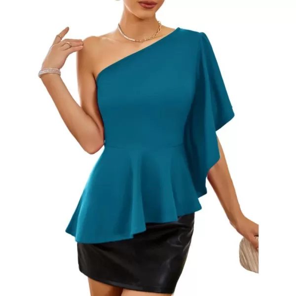 GRACE KARIN Womens One Shoulder Tops Ruffle Sleeve Elegant Party Asymmetrical Hem Peplum Top Blouse ShirtTeal Blue