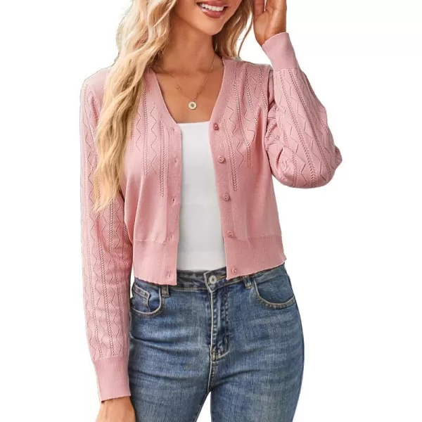 GRACE KARIN Womens Open Front Knit Cropped Bolero Shrug Cardigan Sweater Long Sleeve S4XLPink Hollow Out