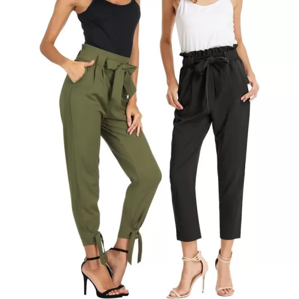 GRACE KARIN Womens Paper Bag Waist Pants Slim Fit Casual Office Pencil Pants2pc Pack 1011black amp 0903army Green