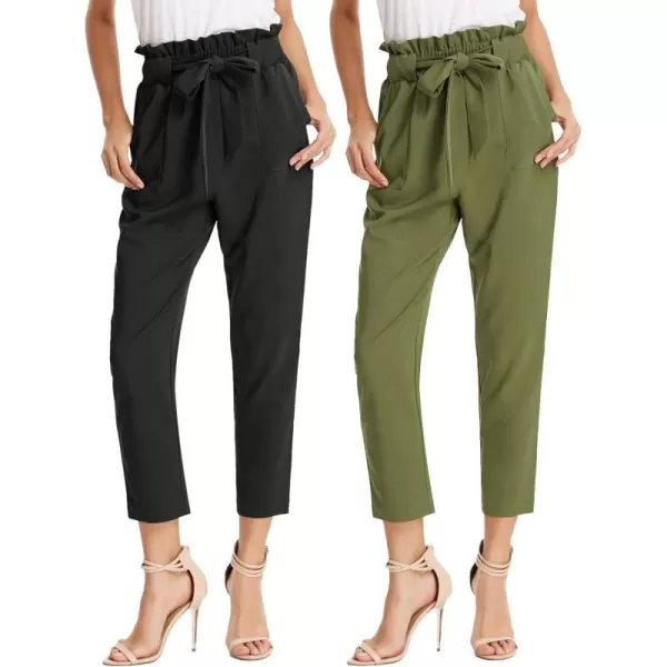 GRACE KARIN Womens Paper Bag Waist Pants Slim Fit Casual Office Pencil Pants2pcs Black amp Army Green