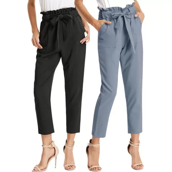 GRACE KARIN Womens Paper Bag Waist Pants Slim Fit Casual Office Pencil Pants2pcs Black amp Blue Gray