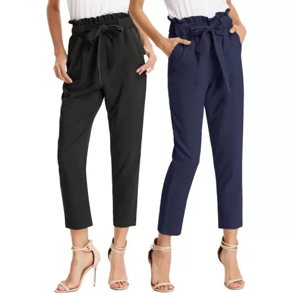 GRACE KARIN Womens Paper Bag Waist Pants Slim Fit Casual Office Pencil Pants2pcs Black amp Dark Blue