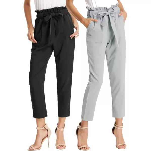 GRACE KARIN Womens Paper Bag Waist Pants Slim Fit Casual Office Pencil Pants2pcs Black amp Light Gray