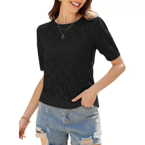 GRACE KARIN Womens Puff Short Sleeve Pullover Sweater Tops Hollow Out Crew Neck Knit Sweater Blouse Crochet ShirtBlack