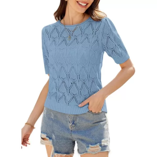 GRACE KARIN Womens Puff Short Sleeve Pullover Sweater Tops Hollow Out Crew Neck Knit Sweater Blouse Crochet ShirtLight Blue