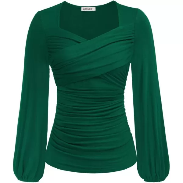 GRACE KARIN Womens Ruched Blouse Elegant Wrap Tops V Neck Long Sleeve Slim Fit TopDark Green